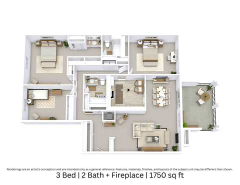 Floor plan for 3 beds, 2 baths, 1750 sqft